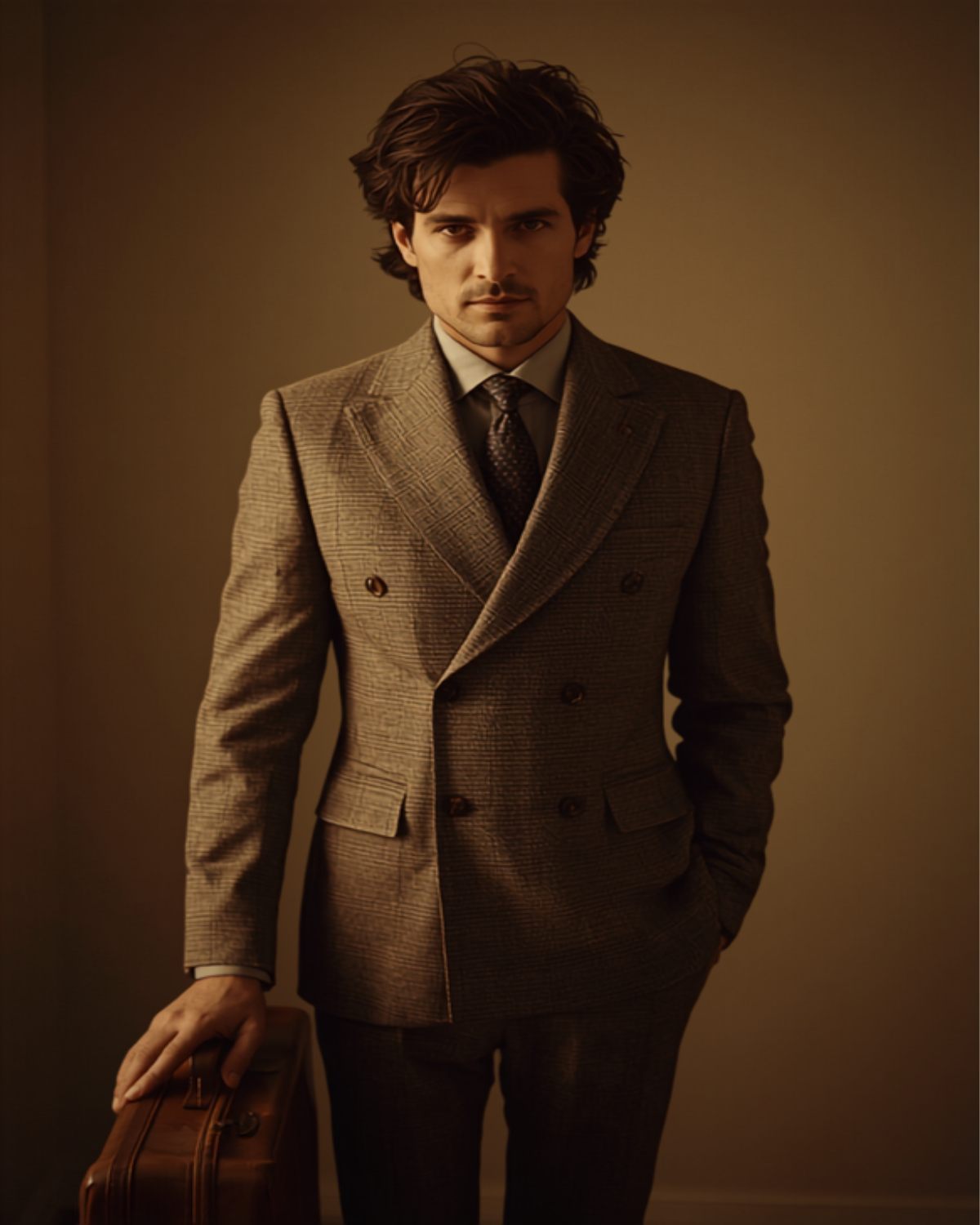A woman in a sculptural avant-garde tweed suit in neutral tones.